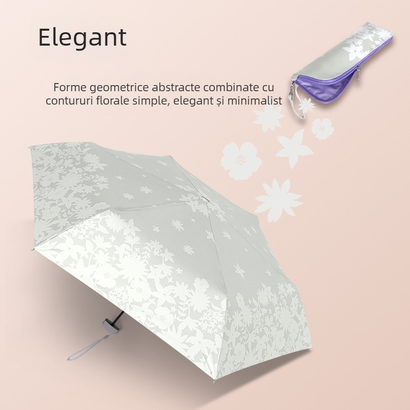 Umbrelă Feather pliabilă, ultraușoară, design compact cu patru segmente, protecție UV UPF50+, cadru din aluminiu, mâner din cauciuc, deschidere manuală, pentru adulți, cu husă pentru creion