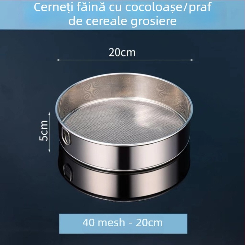 Sită pentru făină din oțel inoxidabil 304, manuală, ultra-fină, ochiuri 40–60, pentru coacere