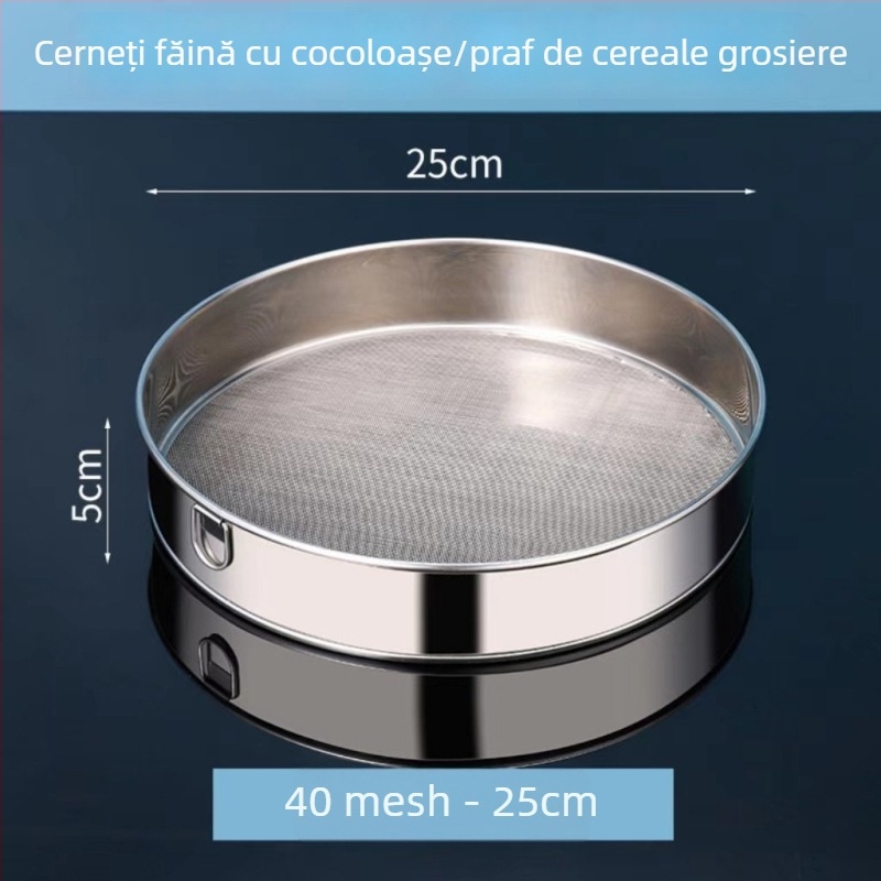 Sită pentru făină din oțel inoxidabil 304, manuală, ultra-fină, ochiuri 40–60, pentru coacere