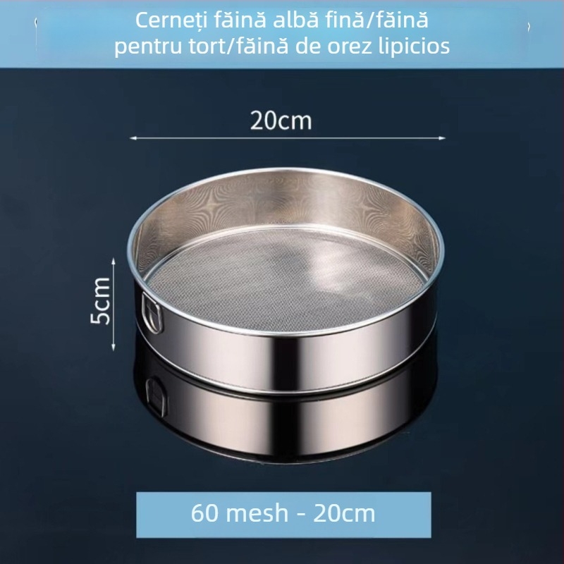 Sită pentru făină din oțel inoxidabil 304, manuală, ultra-fină, ochiuri 40–60, pentru coacere