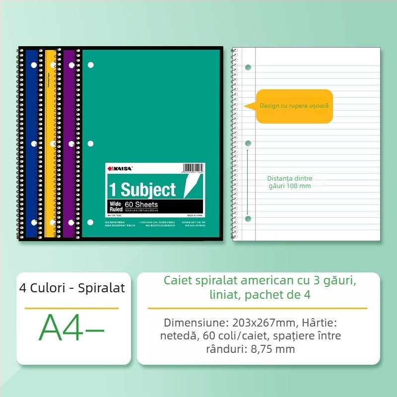 Kaisa carnet de notițe cu spirală, trei găuri, pentru elevi, pagini liniate, perforate
