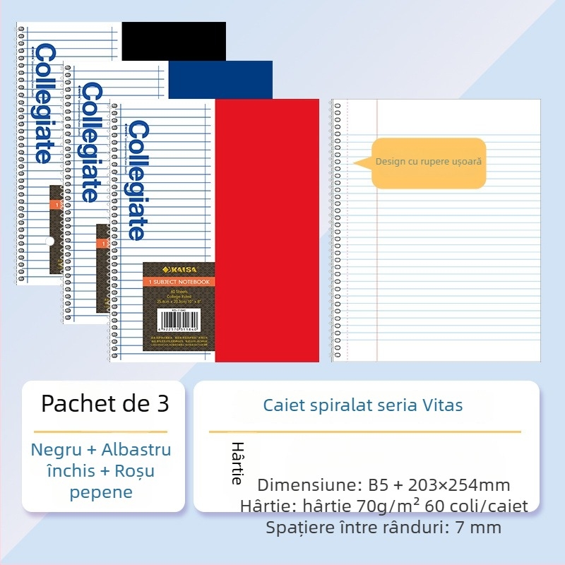 Kaisa carnet de notițe cu spirală, trei găuri, pentru elevi, pagini liniate, perforate