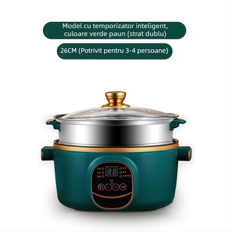 Wok electric și oală, cu două funcții, integrat, 2-3 L, 801-1000 W, afișaj LCD inteligent, temporizator, reglaj temperatură, protecție la uscare, diametru 22-28 cm