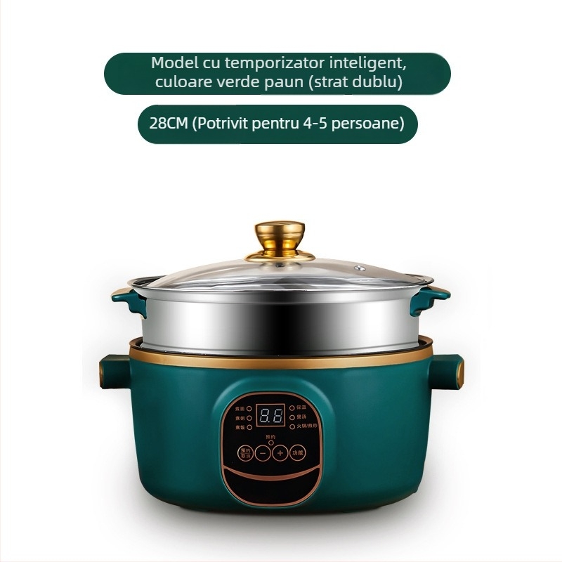 Wok electric și oală, cu două funcții, integrat, 2-3 L, 801-1000 W, afișaj LCD inteligent, temporizator, reglaj temperatură, protecție la uscare, diametru 22-28 cm