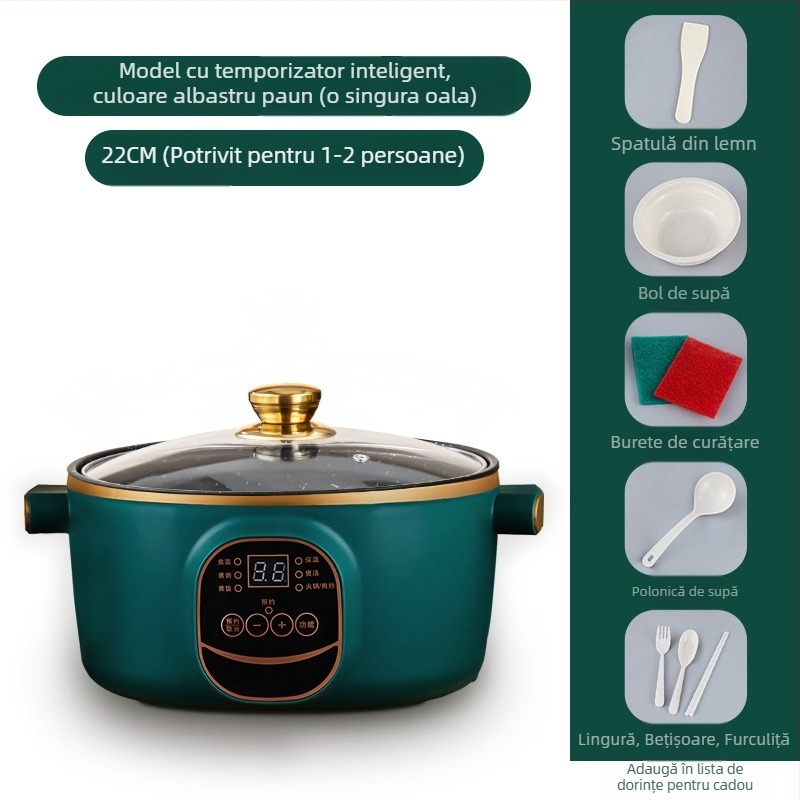 Wok electric și oală, cu două funcții, integrat, 2-3 L, 801-1000 W, afișaj LCD inteligent, temporizator, reglaj temperatură, protecție la uscare, diametru 22-28 cm