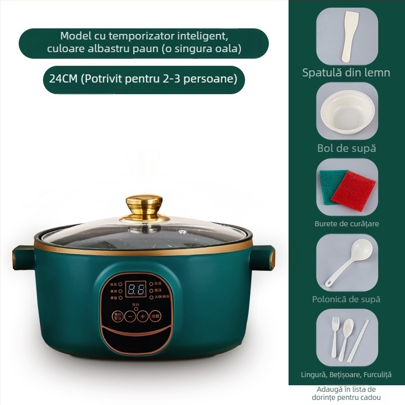 Wok electric și oală, cu două funcții, integrat, 2-3 L, 801-1000 W, afișaj LCD inteligent, temporizator, reglaj temperatură, protecție la uscare, diametru 22-28 cm