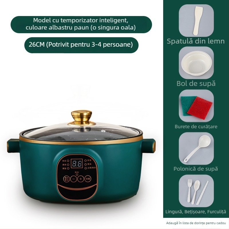 Wok electric și oală, cu două funcții, integrat, 2-3 L, 801-1000 W, afișaj LCD inteligent, temporizator, reglaj temperatură, protecție la uscare, diametru 22-28 cm