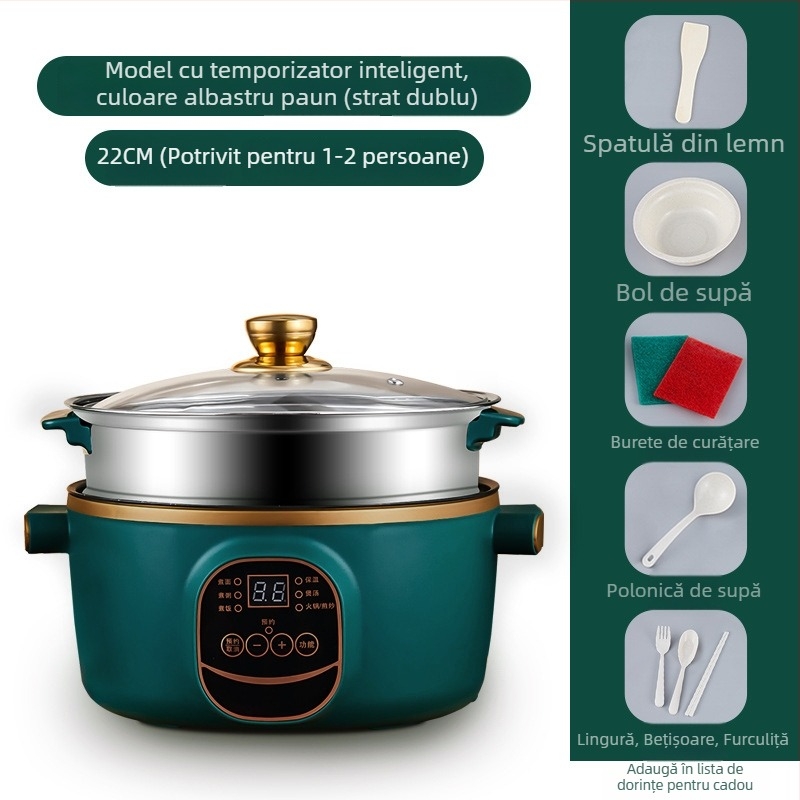 Wok electric și oală, cu două funcții, integrat, 2-3 L, 801-1000 W, afișaj LCD inteligent, temporizator, reglaj temperatură, protecție la uscare, diametru 22-28 cm