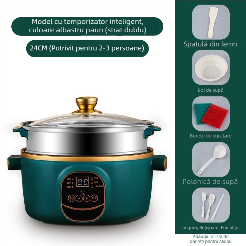 Wok electric și oală, cu două funcții, integrat, 2-3 L, 801-1000 W, afișaj LCD inteligent, temporizator, reglaj temperatură, protecție la uscare, diametru 22-28 cm
