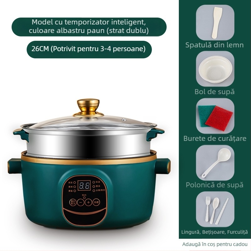 Wok electric și oală, cu două funcții, integrat, 2-3 L, 801-1000 W, afișaj LCD inteligent, temporizator, reglaj temperatură, protecție la uscare, diametru 22-28 cm