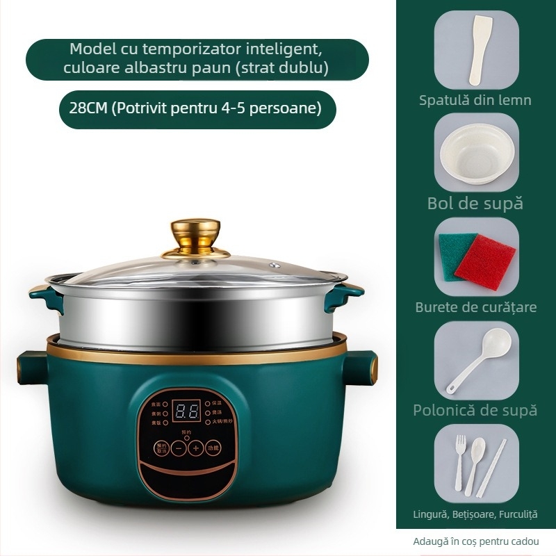 Wok electric și oală, cu două funcții, integrat, 2-3 L, 801-1000 W, afișaj LCD inteligent, temporizator, reglaj temperatură, protecție la uscare, diametru 22-28 cm