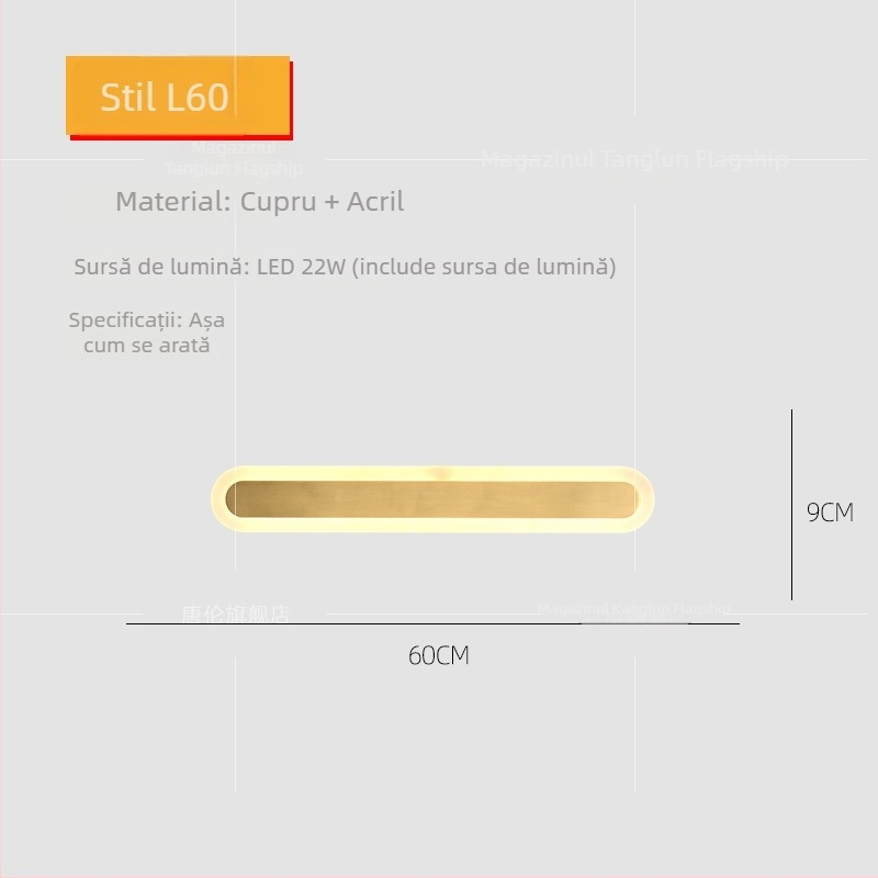 Lampă de perete din cupru, stil modern minimalist, LED, pentru living și dormitor, lampă cu bandă lungă