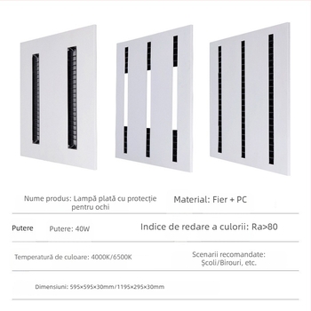 Lampă LED cu lentile și grilaj, panou de plafon integrat pentru birou și sufragerie, 595×595 mm, 4000 lm, CRI înalt (≥90)