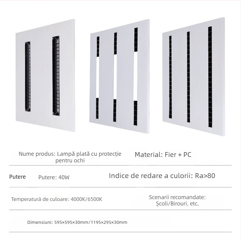 Lampă LED cu lentile și grilaj, panou de plafon integrat pentru birou și sufragerie, 595×595 mm, 4000 lm, CRI înalt (≥90)