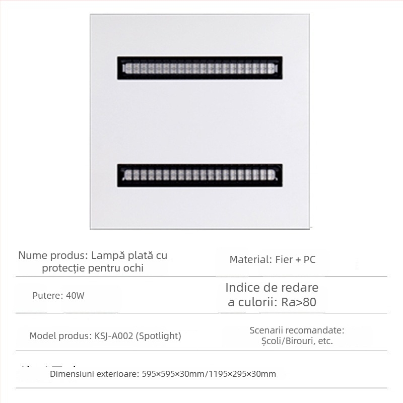 Lampă LED cu lentile și grilaj, panou de plafon integrat pentru birou și sufragerie, 595×595 mm, 4000 lm, CRI înalt (≥90)