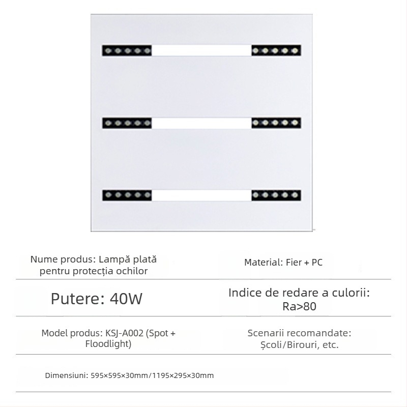 Lampă LED cu lentile și grilaj, panou de plafon integrat pentru birou și sufragerie, 595×595 mm, 4000 lm, CRI înalt (≥90)