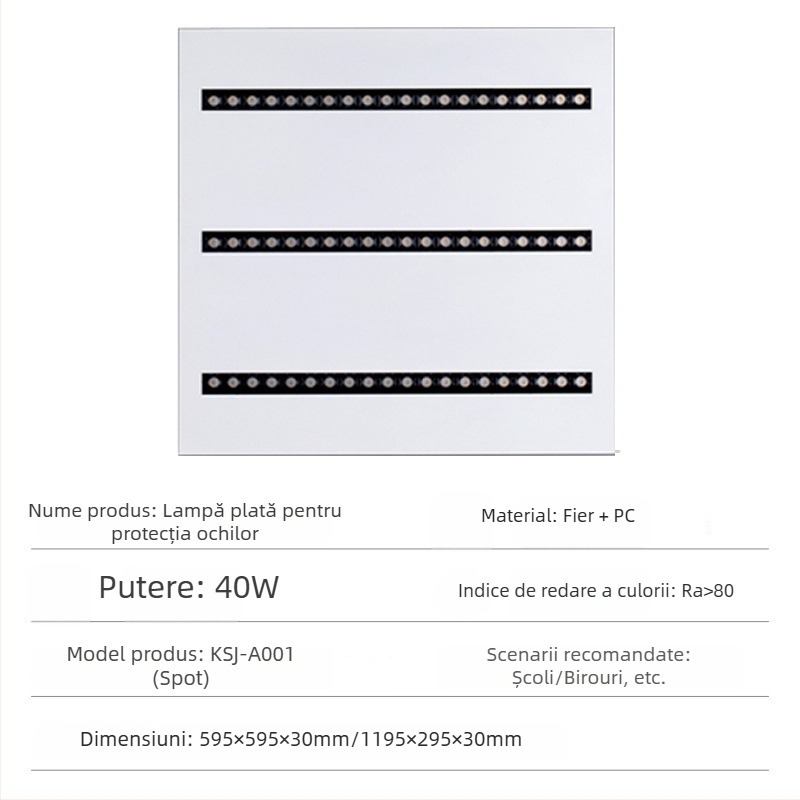 Lampă LED cu lentile și grilaj, panou de plafon integrat pentru birou și sufragerie, 595×595 mm, 4000 lm, CRI înalt (≥90)