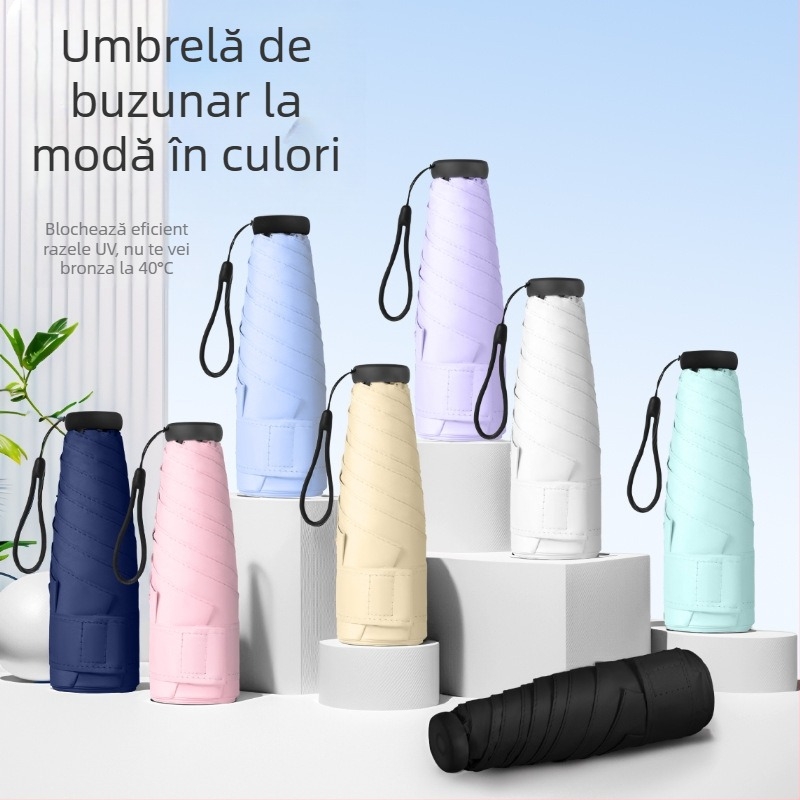 Umbrelă de soare mini ultraușoară, cu cinci secțiuni, protecție UV, dimensiune de buzunar, personalizare logo