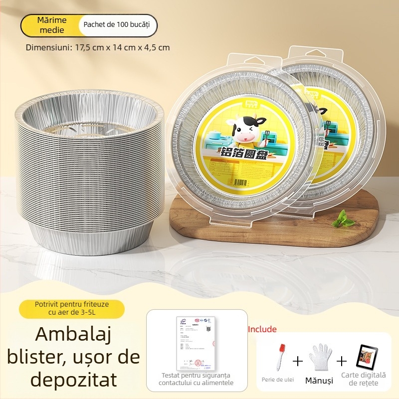 Tavă din folie de aluminiu pentru air fryer, bol rotund din folie, pentru coacere și grătar, de calitate alimentară