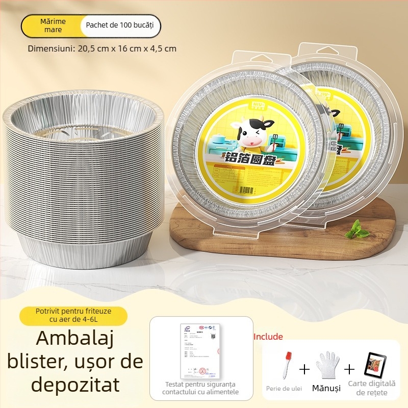 Tavă din folie de aluminiu pentru air fryer, bol rotund din folie, pentru coacere și grătar, de calitate alimentară