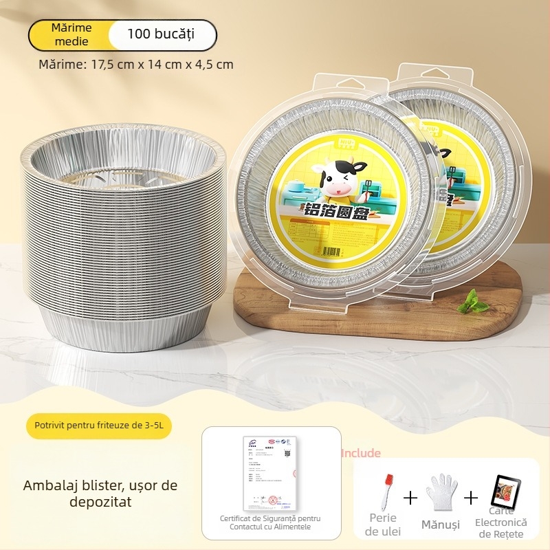 Tavă din folie de aluminiu pentru air fryer, bol rotund din folie, pentru coacere și grătar, de calitate alimentară