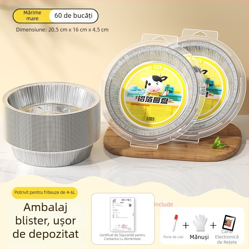 Tavă din folie de aluminiu pentru air fryer, bol rotund din folie, pentru coacere și grătar, de calitate alimentară