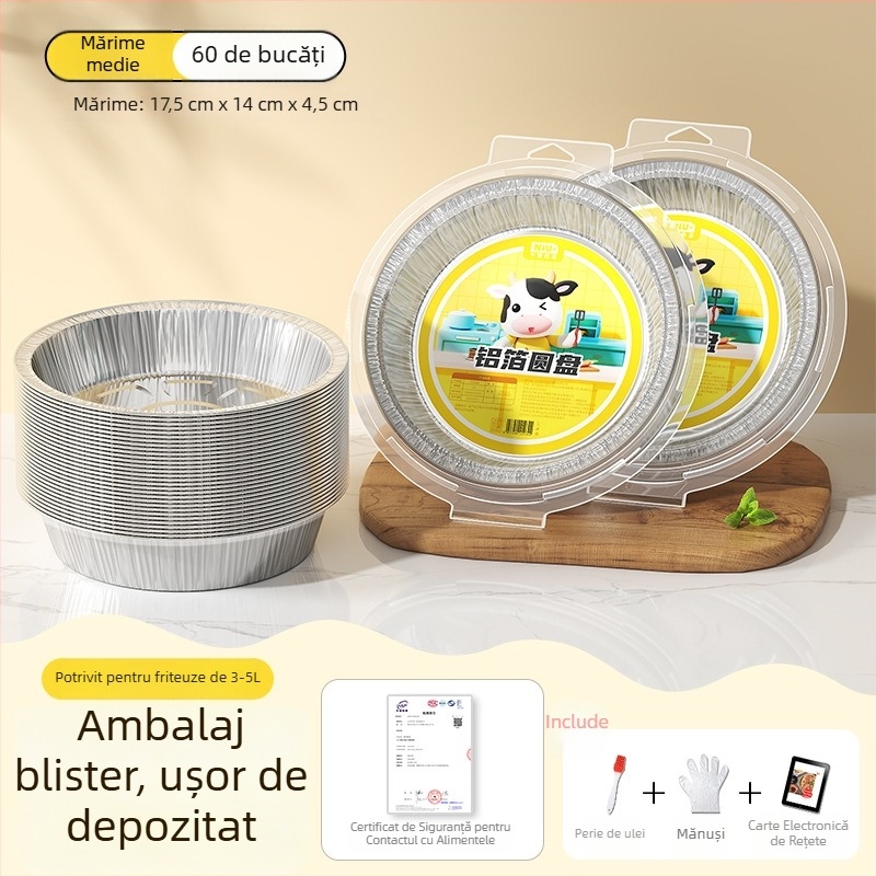 Tavă din folie de aluminiu pentru air fryer, bol rotund din folie, pentru coacere și grătar, de calitate alimentară