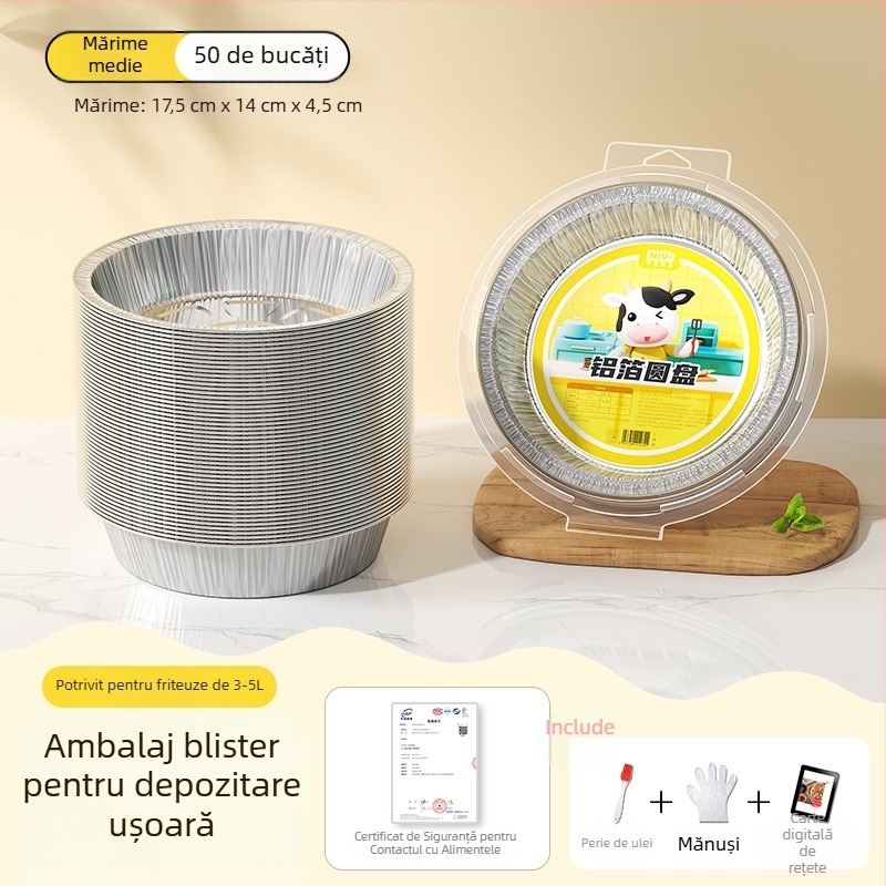 Tavă din folie de aluminiu pentru air fryer, bol rotund din folie, pentru coacere și grătar, de calitate alimentară