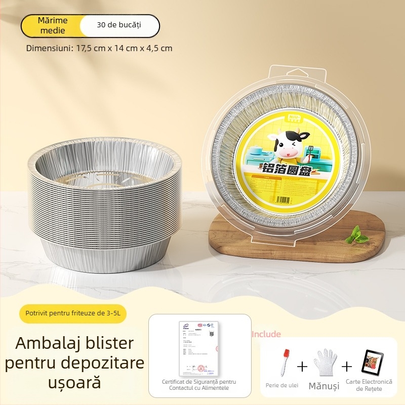 Tavă din folie de aluminiu pentru air fryer, bol rotund din folie, pentru coacere și grătar, de calitate alimentară