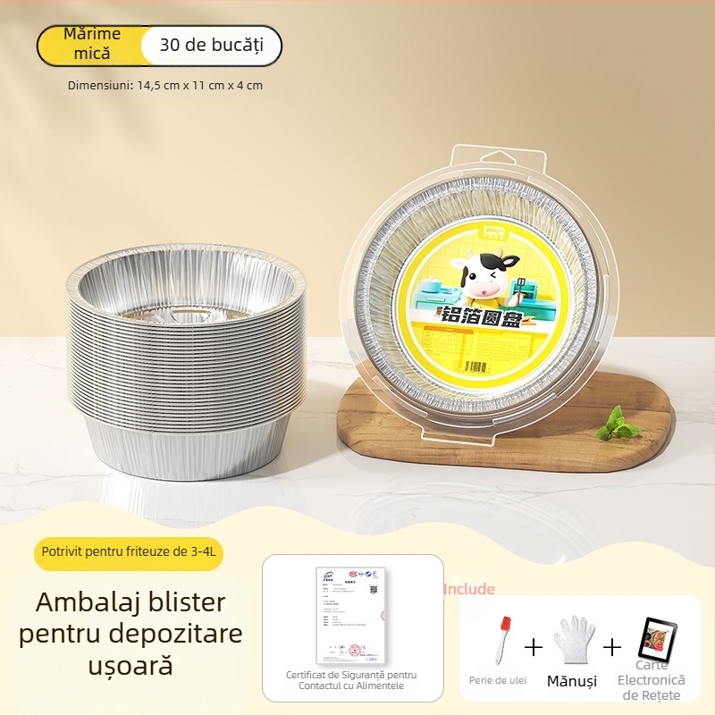 Tavă din folie de aluminiu pentru air fryer, bol rotund din folie, pentru coacere și grătar, de calitate alimentară