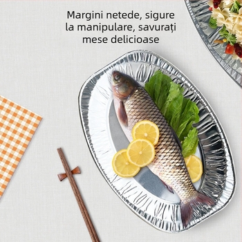 Farfurie ovală din folie de aluminiu pentru grătar, de unică folosință, rezistentă la temperaturi înalte, pentru servire la bufet