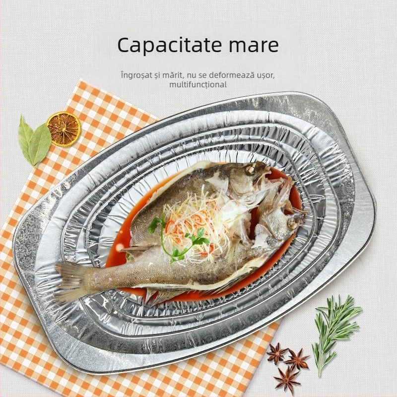 Farfurie ovală din folie de aluminiu pentru grătar, de unică folosință, rezistentă la temperaturi înalte, pentru servire la bufet