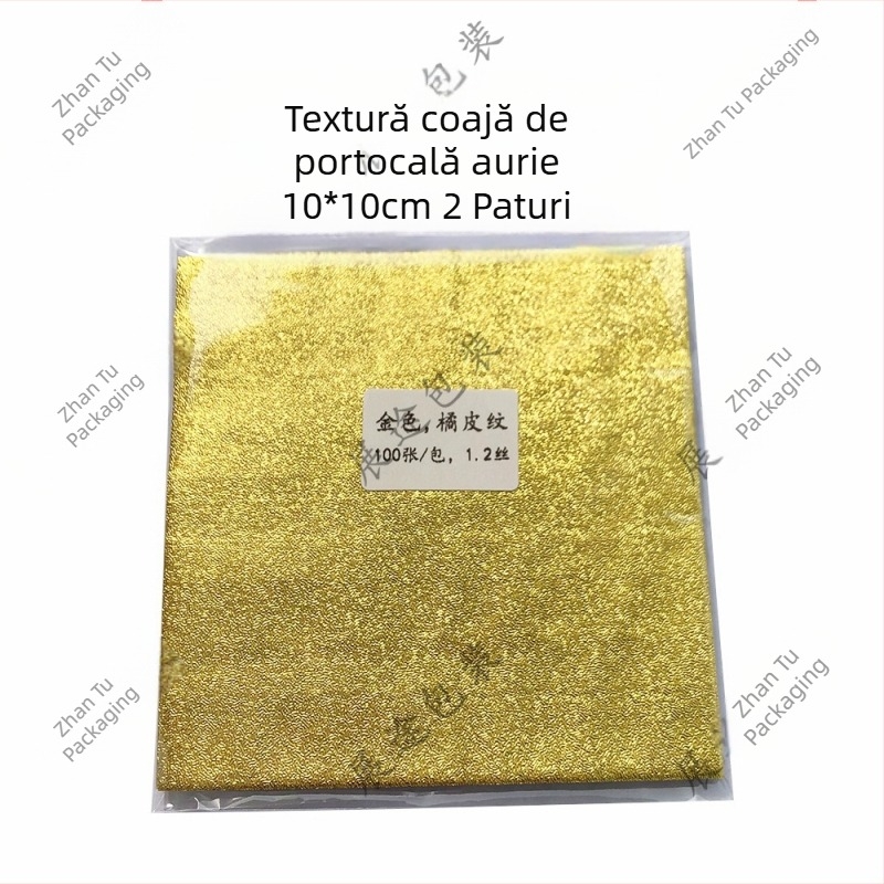 Foi colorate cu textură portocalie, 10×10 cm, set în nuanțe de aur, argintiu, roșu și verde pentru ambalare