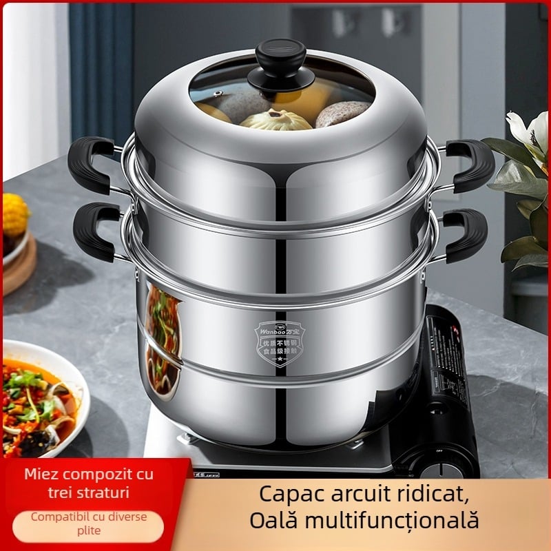 Oală de aburi din oțel inoxidabil 316 pentru uz casnic, cu mai multe niveluri, îngroșată, cu coș de aburi, multifuncțională pentru gătit la abur și gătit, capacitate mare, compatibilă cu diferite plite