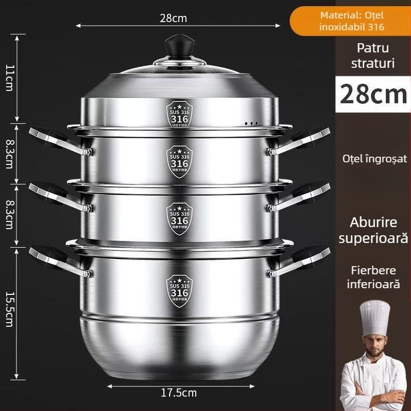 Oală de aburi din oțel inoxidabil 316 pentru uz casnic, cu mai multe niveluri, îngroșată, cu coș de aburi, multifuncțională pentru gătit la abur și gătit, capacitate mare, compatibilă cu diferite plite
