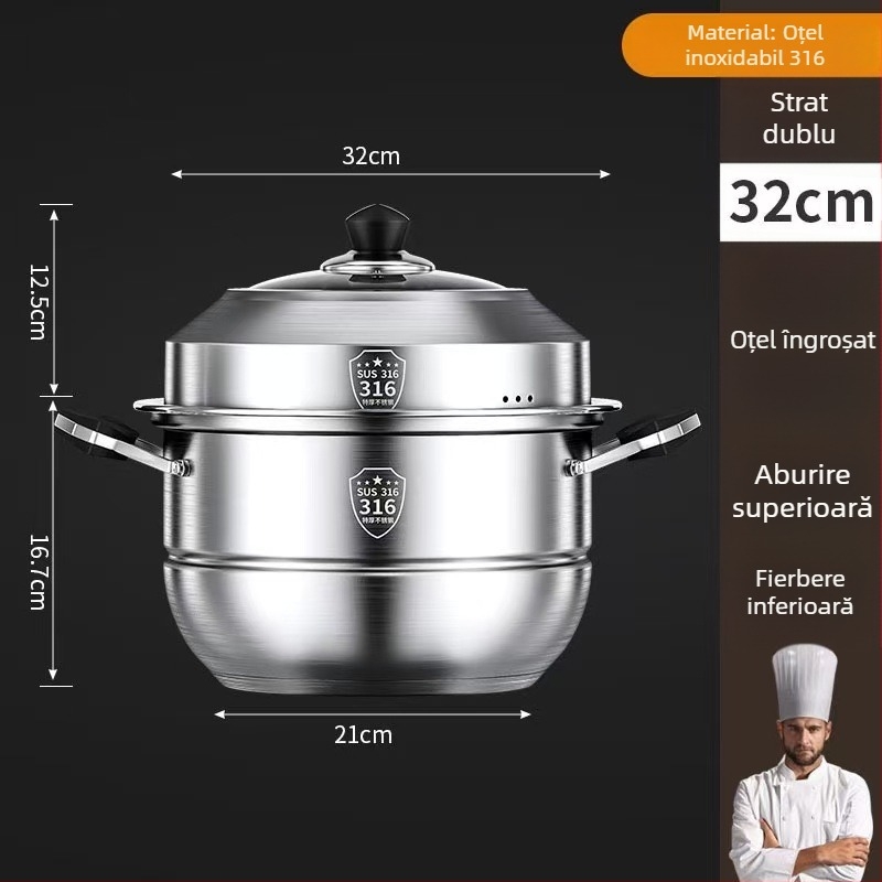 Oală de aburi din oțel inoxidabil 316 pentru uz casnic, cu mai multe niveluri, îngroșată, cu coș de aburi, multifuncțională pentru gătit la abur și gătit, capacitate mare, compatibilă cu diferite plite