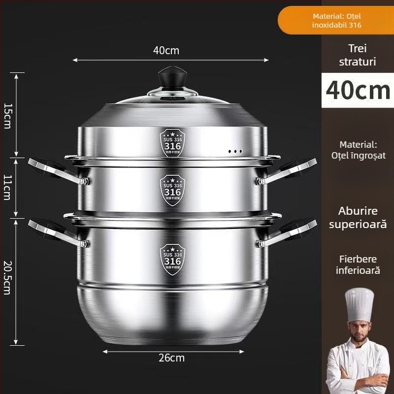 Oală de aburi din oțel inoxidabil 316 pentru uz casnic, cu mai multe niveluri, îngroșată, cu coș de aburi, multifuncțională pentru gătit la abur și gătit, capacitate mare, compatibilă cu diferite plite