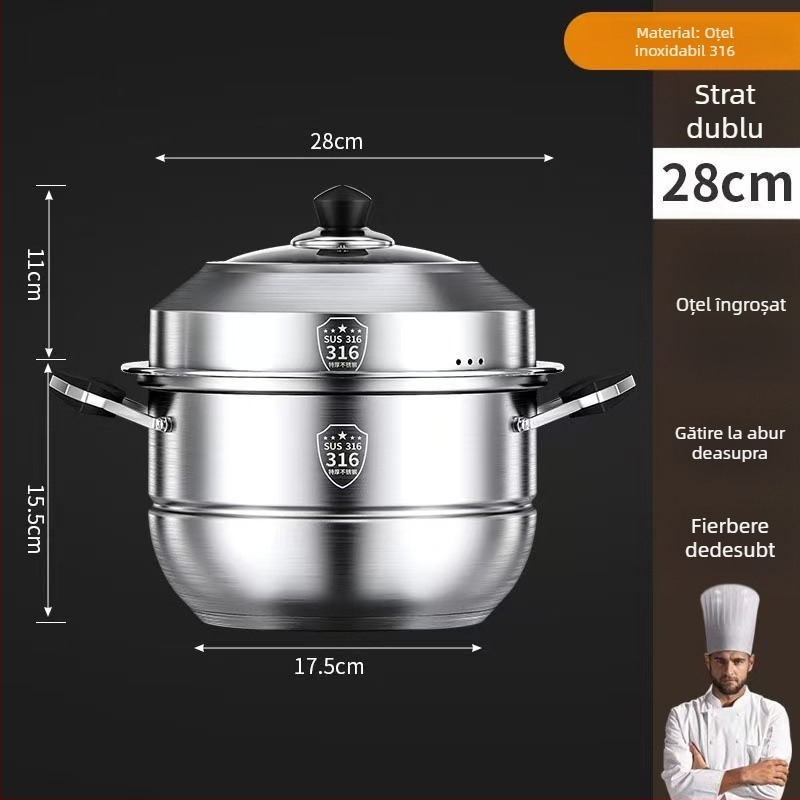 Oală de aburi din oțel inoxidabil 316 pentru uz casnic, cu mai multe niveluri, îngroșată, cu coș de aburi, multifuncțională pentru gătit la abur și gătit, capacitate mare, compatibilă cu diferite plite