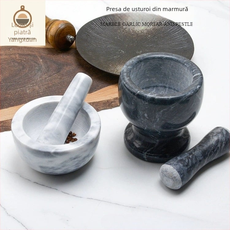 Mojar de usturoi din marmură cu pistil – ustensilă de bucătărie manuală