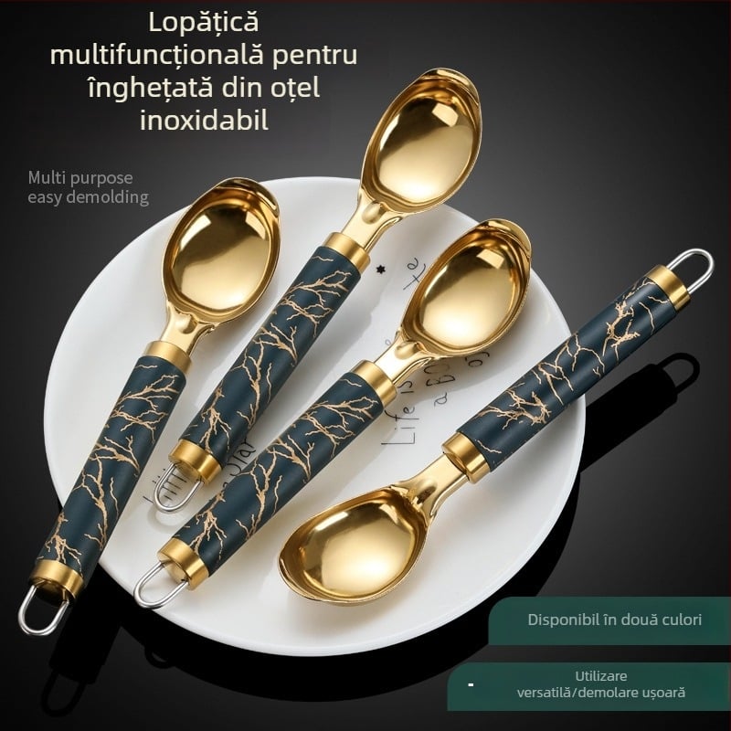 Finisaj titaniu auriu, lingură de desert mai groasă, multifuncțională pentru înghețată și formă pentru bile de pepene, din oțel inoxidabil