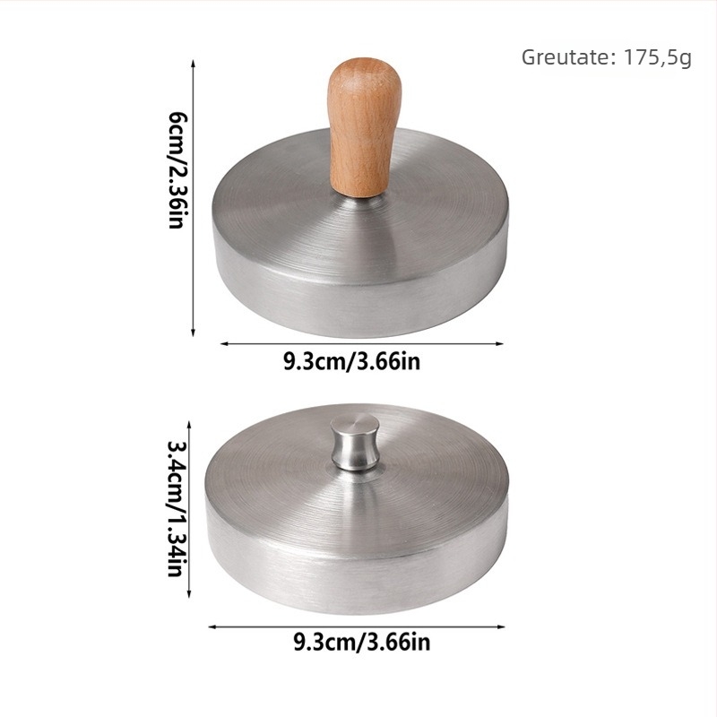 Presă manuală pentru burger cu mâner circular din lemn, placă din oțel inoxidabil și matriță pentru chiftele