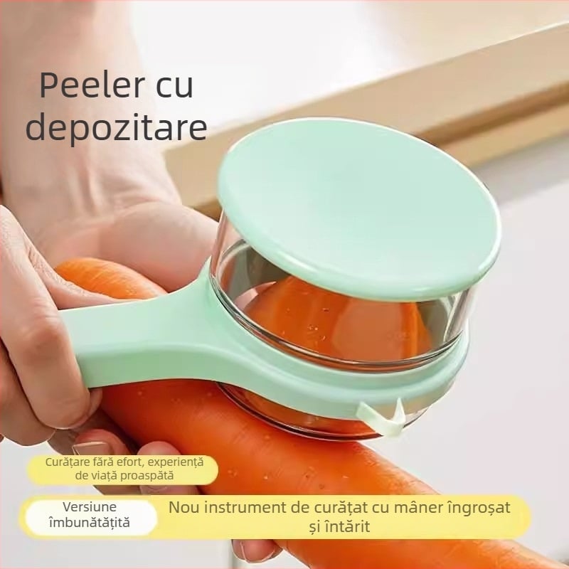 Curățitor de legume cu compartiment de depozitare vizibil pentru bucătărie, potrivit pentru curățarea merelor, sparanghelului și perelor, cu container de depozitare încorporat.