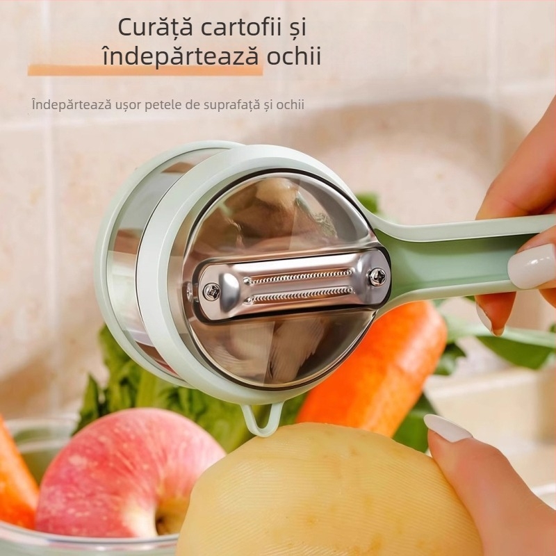 Curățitor de legume cu compartiment de depozitare vizibil pentru bucătărie, potrivit pentru curățarea merelor, sparanghelului și perelor, cu container de depozitare încorporat.