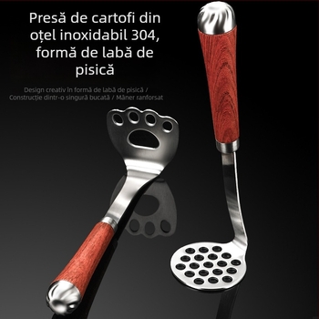 Presă de cartofi din oțel inoxidabil, mâner rosewood, în formă de labă de pisică — aparat manual pentru piureuri destinate bebelușilor