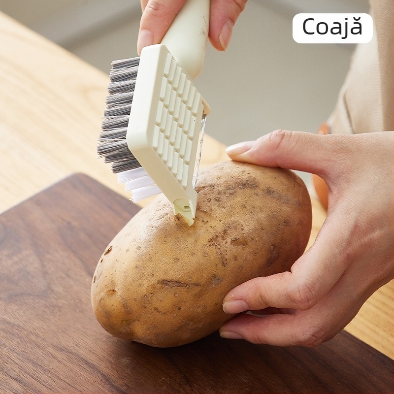 Perie multifuncțională de curățare a fructelor și legumelor — patru în unu: perie de bucătărie pentru curățare, racletă și perie pentru crăpături