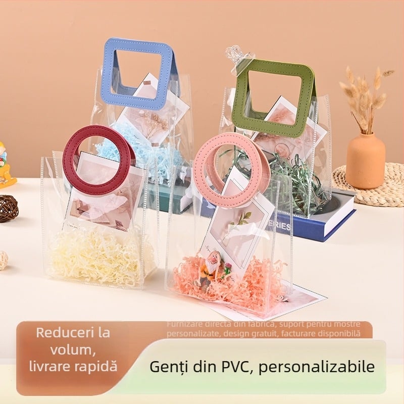 Geantă transparentă din PVC pentru cadouri - mânere rotunde sau pătrate, stil Insta premium, geantă de mână tridimensională