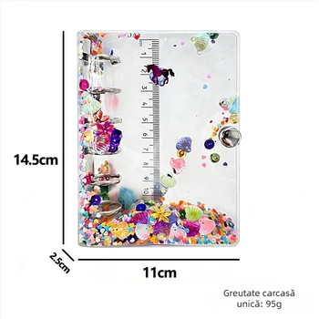 Caiet A7 cu foi detașabile, copertă transparentă PVC, sclipici colorat, jurnal pentru studenți cu spațiu pentru carduri