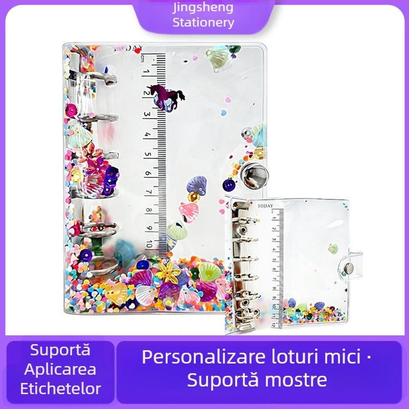 Caiet A7 cu foi detașabile, copertă transparentă PVC, sclipici colorat, jurnal pentru studenți cu spațiu pentru carduri
