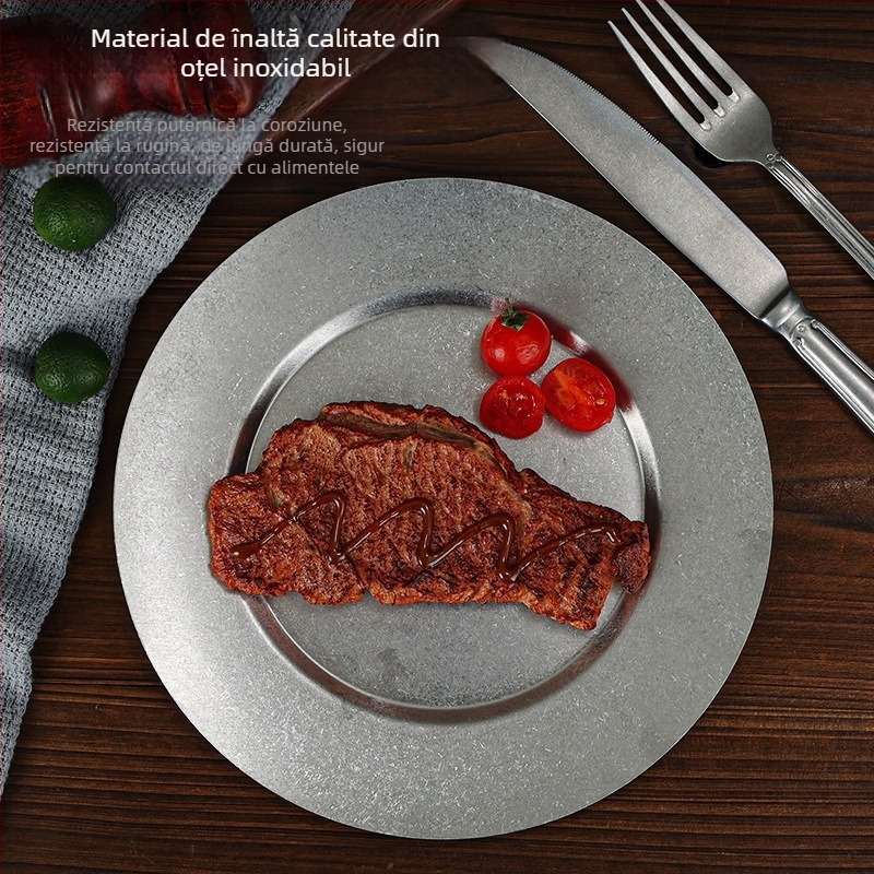 Farfurie din oțel inoxidabil, stil japonez vintage, aspect patinat, farfurie pentru grătar, farfurie pentru steak, farfurie pentru oase, farfurie puțin adâncă, farfurie pentru hot pot
