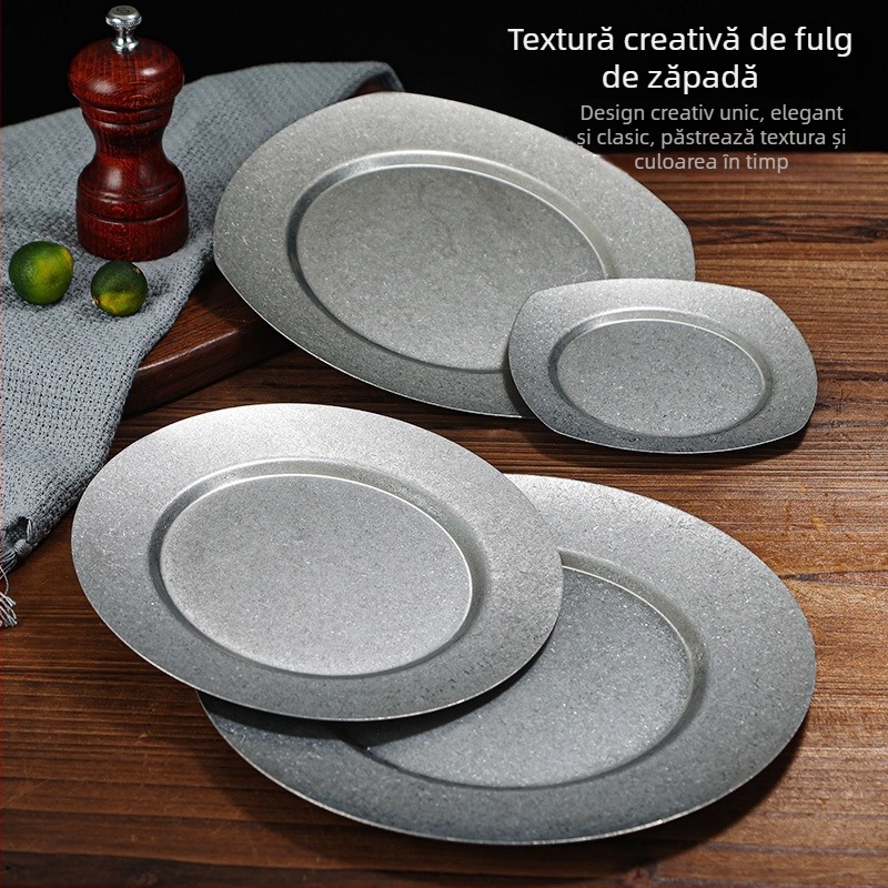 Farfurie din oțel inoxidabil, stil japonez vintage, aspect patinat, farfurie pentru grătar, farfurie pentru steak, farfurie pentru oase, farfurie puțin adâncă, farfurie pentru hot pot